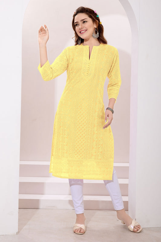 Mellow Yellow Fine Georgette Chickan Embroidery Kurta for Women