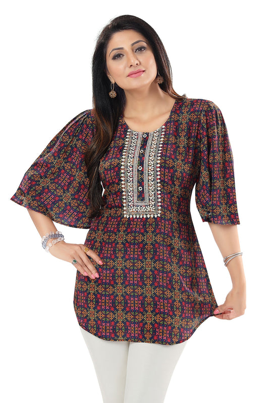 Beauteous Blue Silky Print Chickan Embroidery Short Tunic