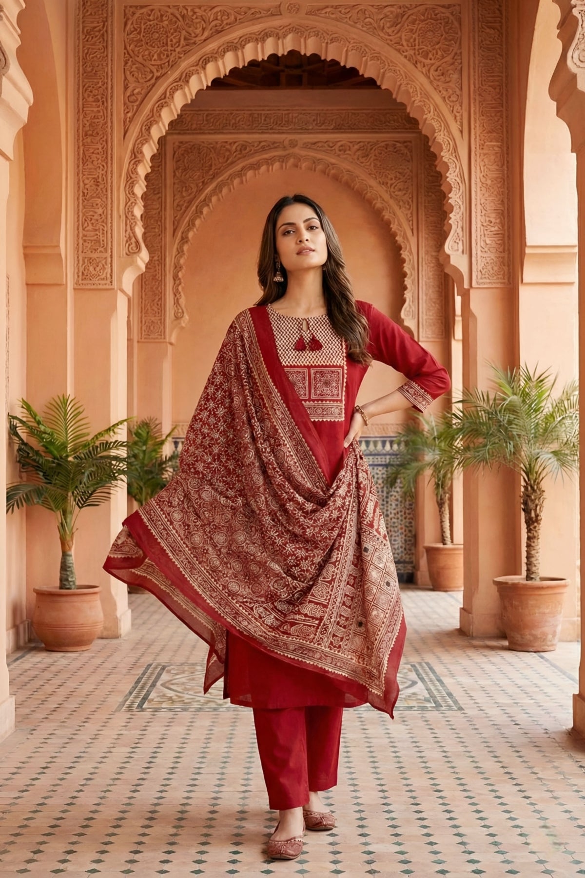 Red Jaipuri Cotton Kurta Pant Dupatta Set With Printed Yoke And Dupatta