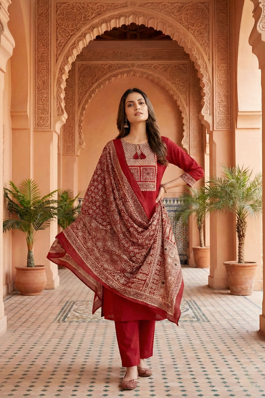 Red Jaipuri Cotton Kurta Pant Dupatta Set With Printed Yoke And Dupatta