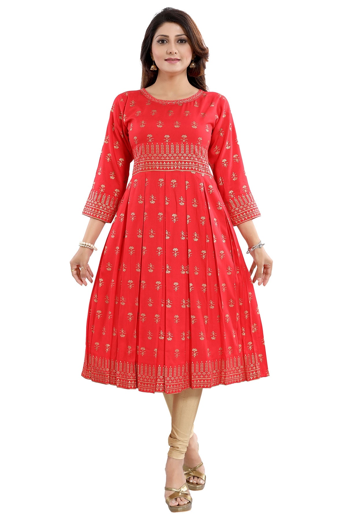 Flamboyant Red Rayon Printed Frock Style Tunic with Block Pleats