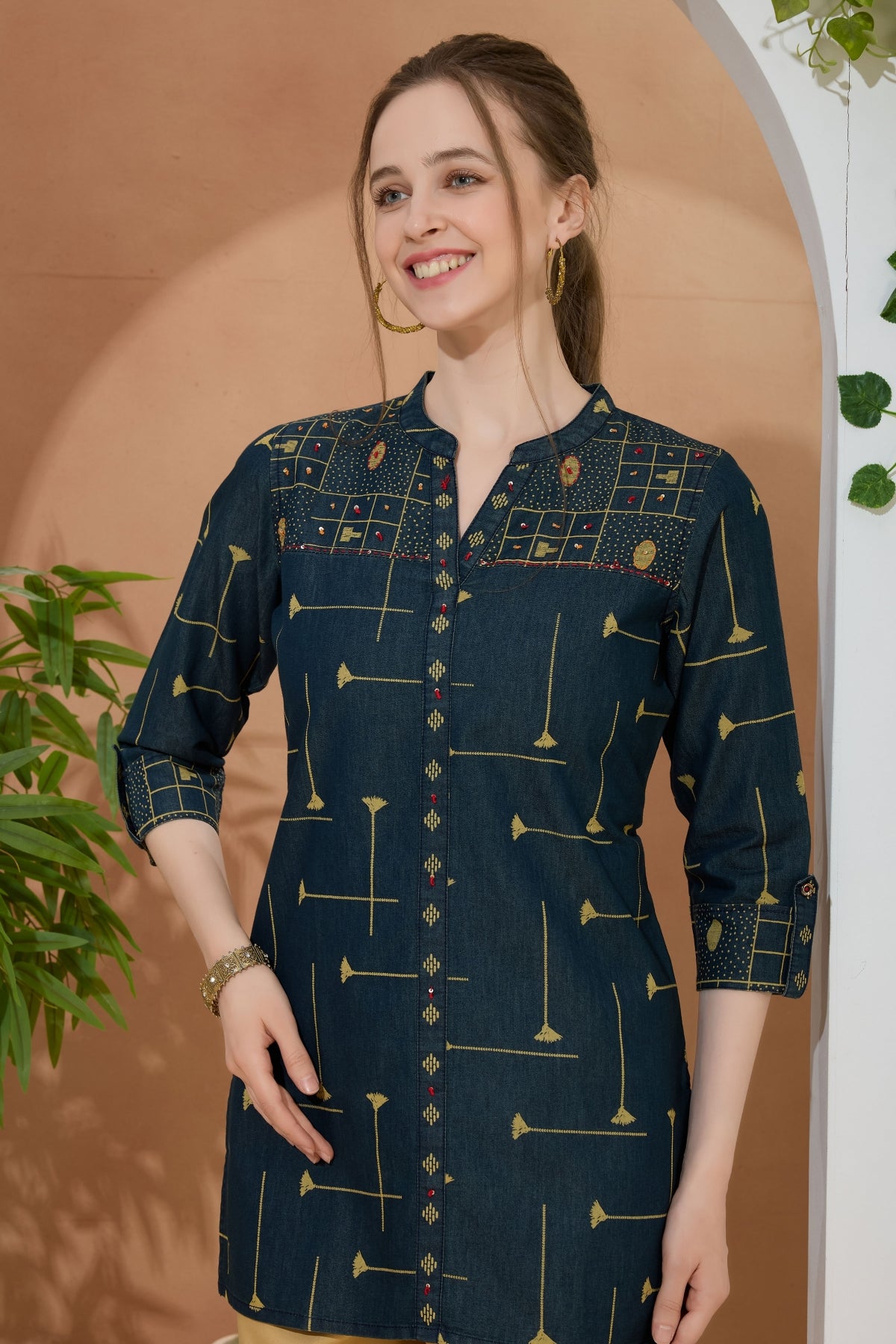 Fashion Forward Denim Tunic Hand Embroidery and Color Wash