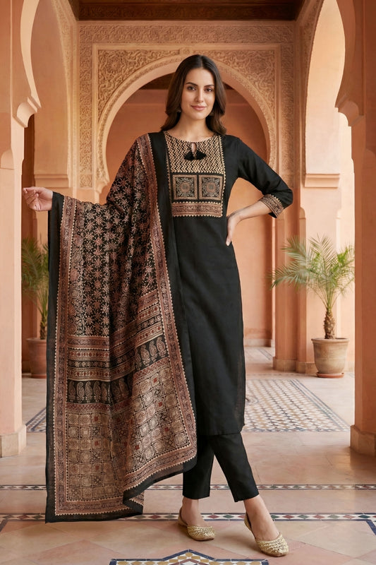 Black Jaipuri Cotton Kurta Pant Dupatta Set With Printed Yoke And Dupatta