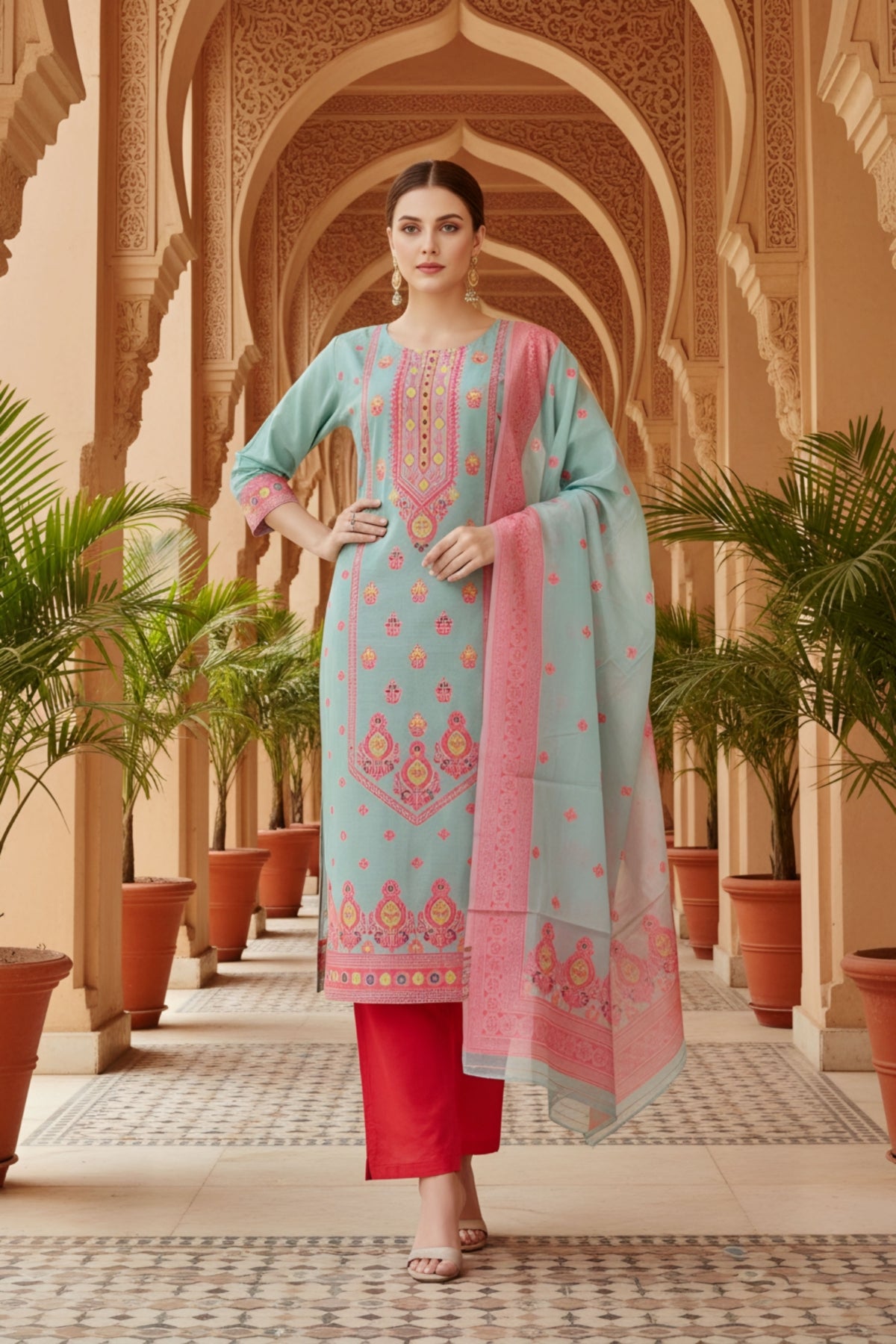 Blue Banarasi Chanderi Handwoven Women Three Piece Long Kurta Set