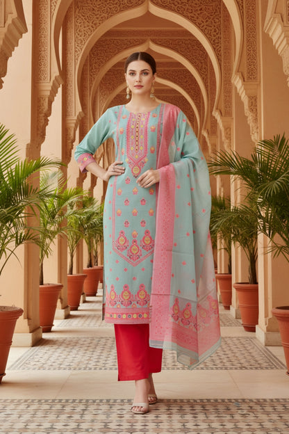 Blue Banarasi Chanderi Handwoven Women Three Piece Long Kurta Set