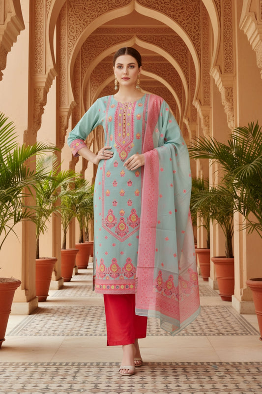 Blue Banarasi Chanderi Handwoven Women Three Piece Long Kurta Set