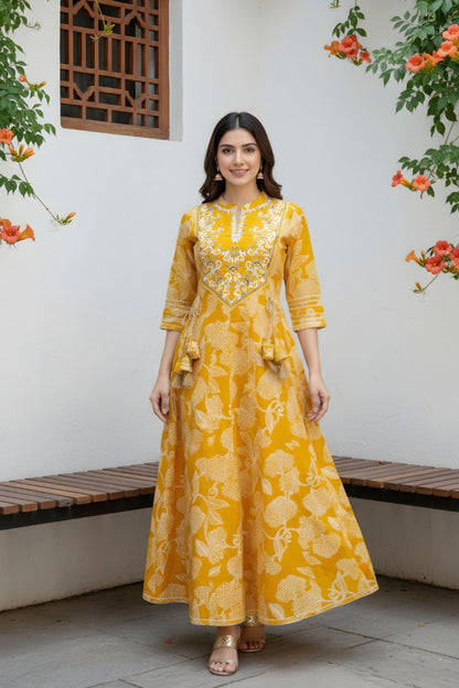 Yellow Jaipuri Cotton Anarkali With Embroidery Yoke and Tussles