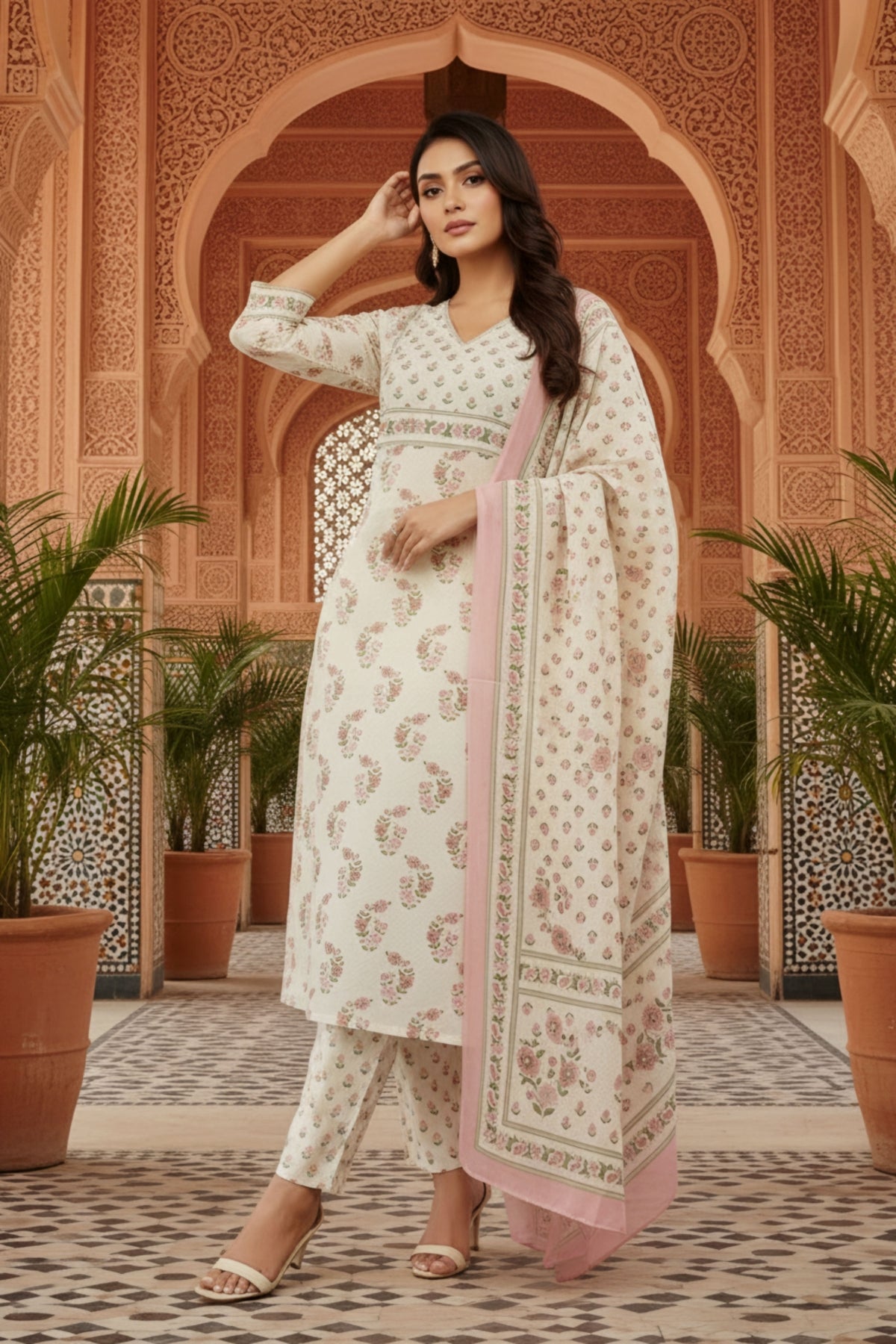 White Jaipuri Cotton Kurta Pant Dupatta Set With Printed Yoke And Dupatta