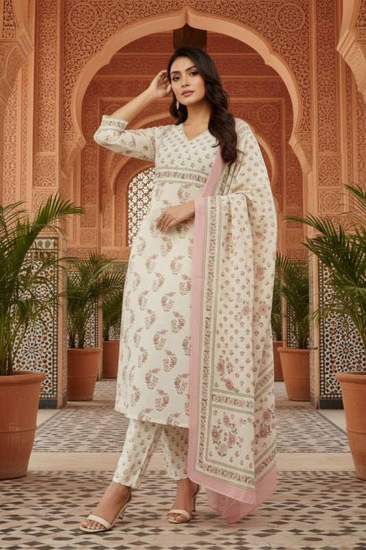 White Jaipuri Cotton Kurta Pant Dupatta Set With Printed Yoke And Dupatta