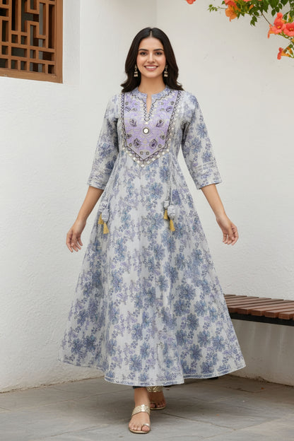 White Jaipuri Cotton Long Anarkali Gown With Embroidery Yoke and Tussles