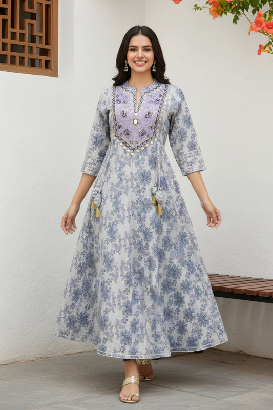 White Jaipuri Cotton Long Anarkali Gown With Embroidery Yoke and Tussles