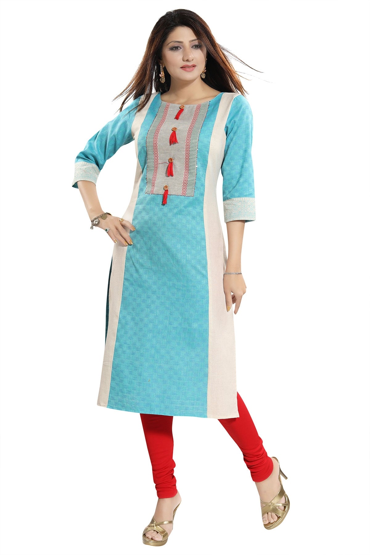 Tantalising T. Blue Textured Cotton Straight Tunic with Pom Pom Accessory