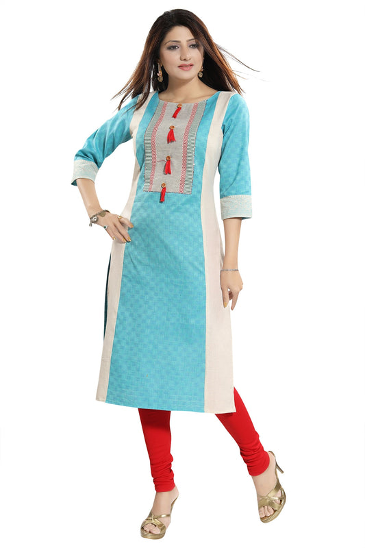 Tantalising T. Blue Textured Cotton Straight Tunic with Pom Pom Accessory