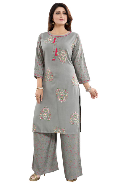 Pastel Dream Variyali Rayon Cotton Printed Kurta and Palazzo Set