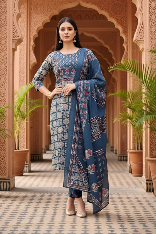 Blue Jaipuri Print Cotton 3 Piece Suit Set With Dupatta For Women