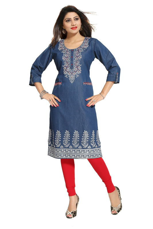 Denim Tunic with Pockets and Thread Work
