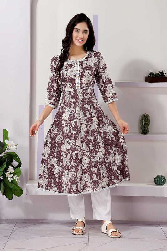 Stylish Brown Mix N Match Long Print Cotton Anarkali Kurti