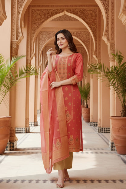 Maroon Banarasi Chanderi Handwoven Women Three Piece Long Kurta Set