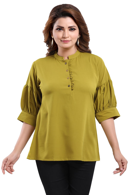 Green Poly Crepe Office Wear Short Tunic Top