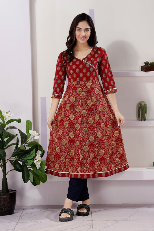 Maroon Cotton Print Mix and Match Anarkali Kurti