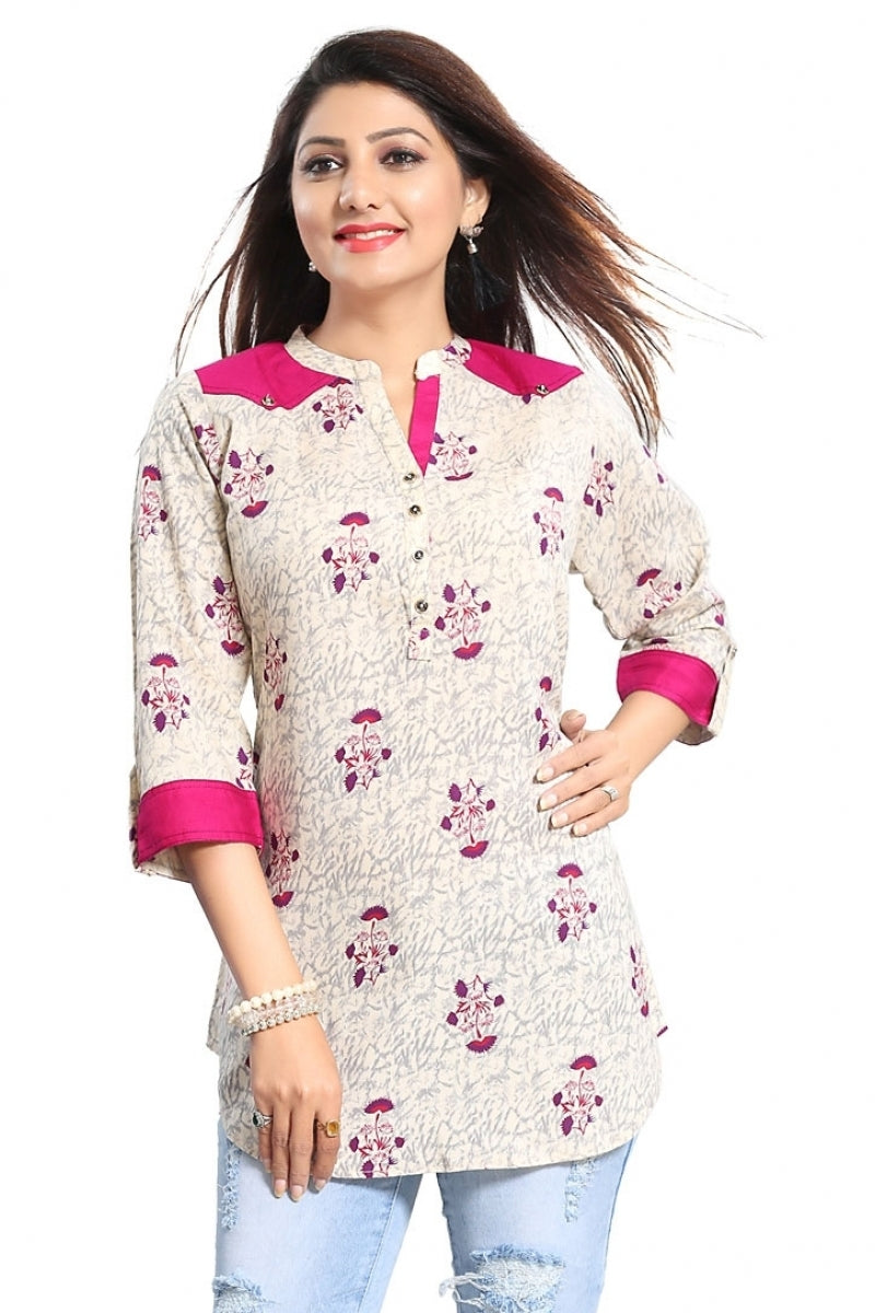 Exquisite Apparel Beige Rayon Cotton Short Tunic with Designer Sleeves