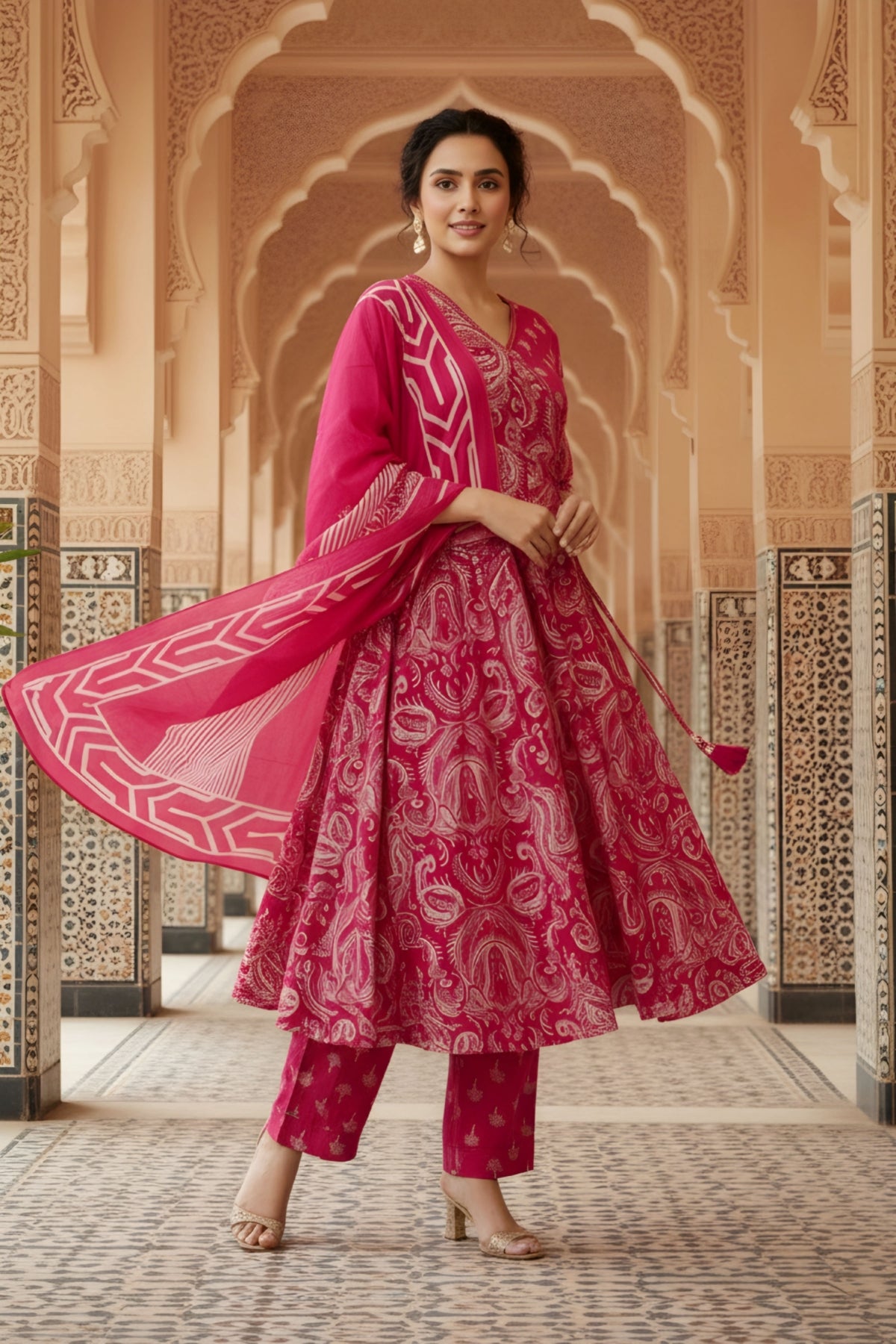 Pink Jaipuri Print Cotton Flared 3 Piece Suit Set with Dupatta for Women