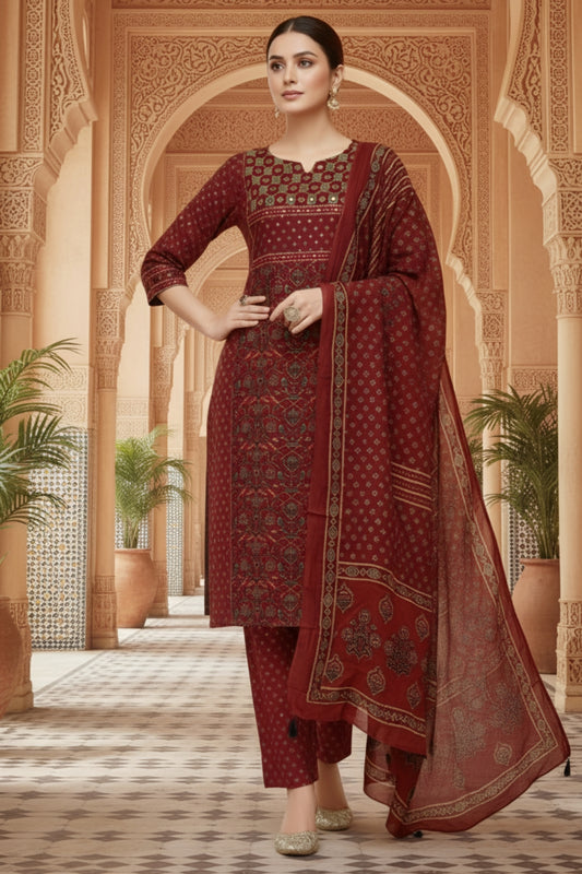 Maroon Jaipuri Print Cotton Kurta Pant Dupatta 3PC Set for Women