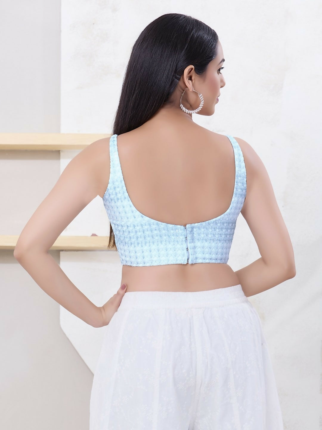 Joban Fashion Light-Blue Shift Sleeveless Back Open Blouse