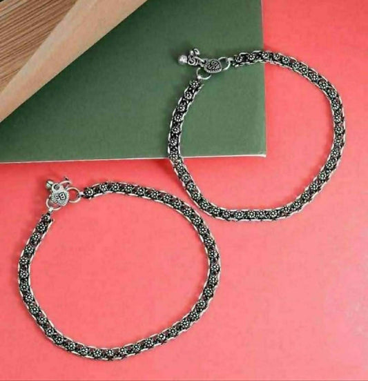 Mominos Fashion Traditional Oxidised Silver Plated Anklets