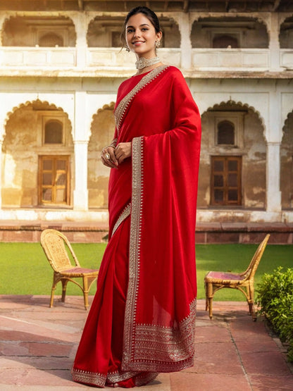 Lorenvalley Fashion Red Vichitra Silk with Sequence coding Work Saree with Blouse
