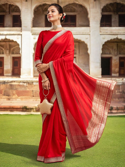 Lorenvalley Fashion Red Vichitra Silk with Sequence coding Work Saree with Blouse