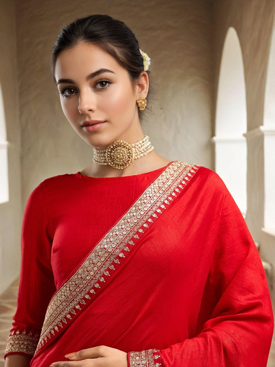 Lorenvalley Fashion Red Vichitra Silk with Sequence coding Work Saree with Blouse