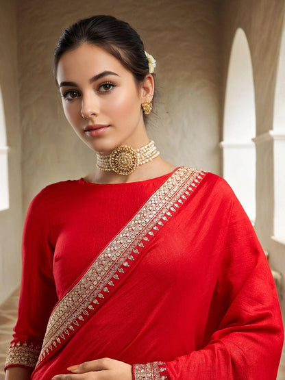 Lorenvalley Fashion Red Vichitra Silk with Sequence coding Work Saree with Blouse