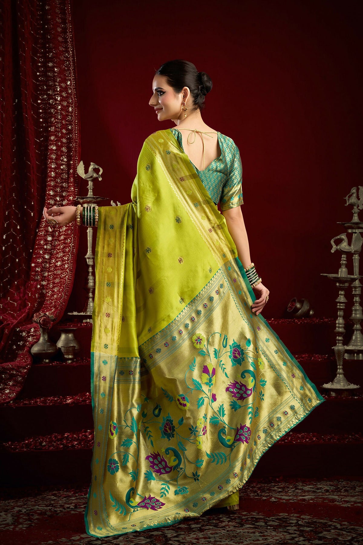 Joban Fashion Mustard Green Paithani Silk Blend Butti Saree