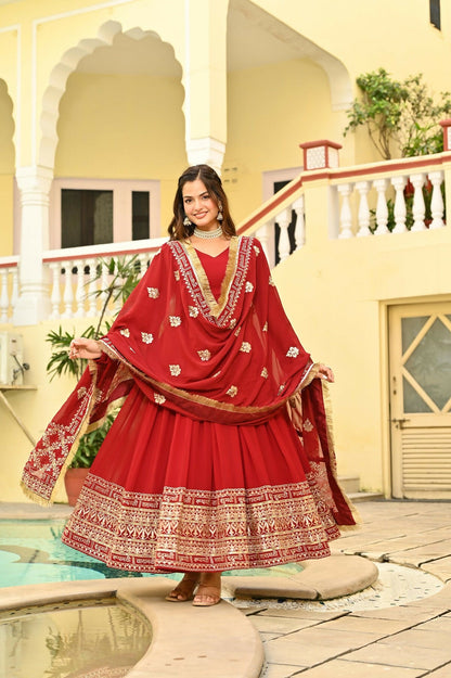 Joban Fashion Red Georgette Sequence Embroidery Work Kurta Set