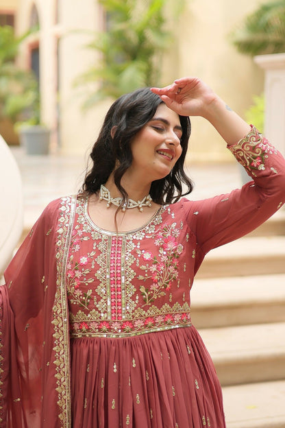 Joban Fashion Coffee Georgette Sequence Embroidery Work Kurta Set