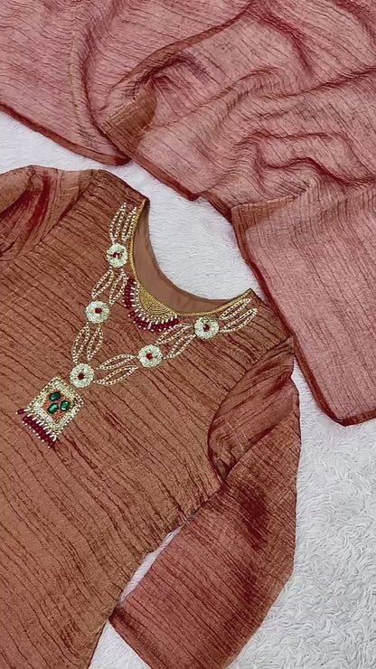 LAUNCHING NEW VIRAL PARTY WEAR & FESTIVAL LOOK HEAVY PURE SALSA CRUSH FANCY TOP-PLAZZO WITH PRETTY DEPATTA SET🧶-  VK0029
