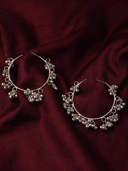 Mominos Fashion Johar Kamal Silver Parrot Hoops and Ghungroo Bali Combo Earrings