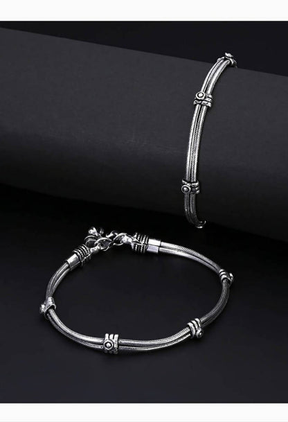 Mominos Fashion Kamal Johar Oxidised Silver Double Lined Anklets
