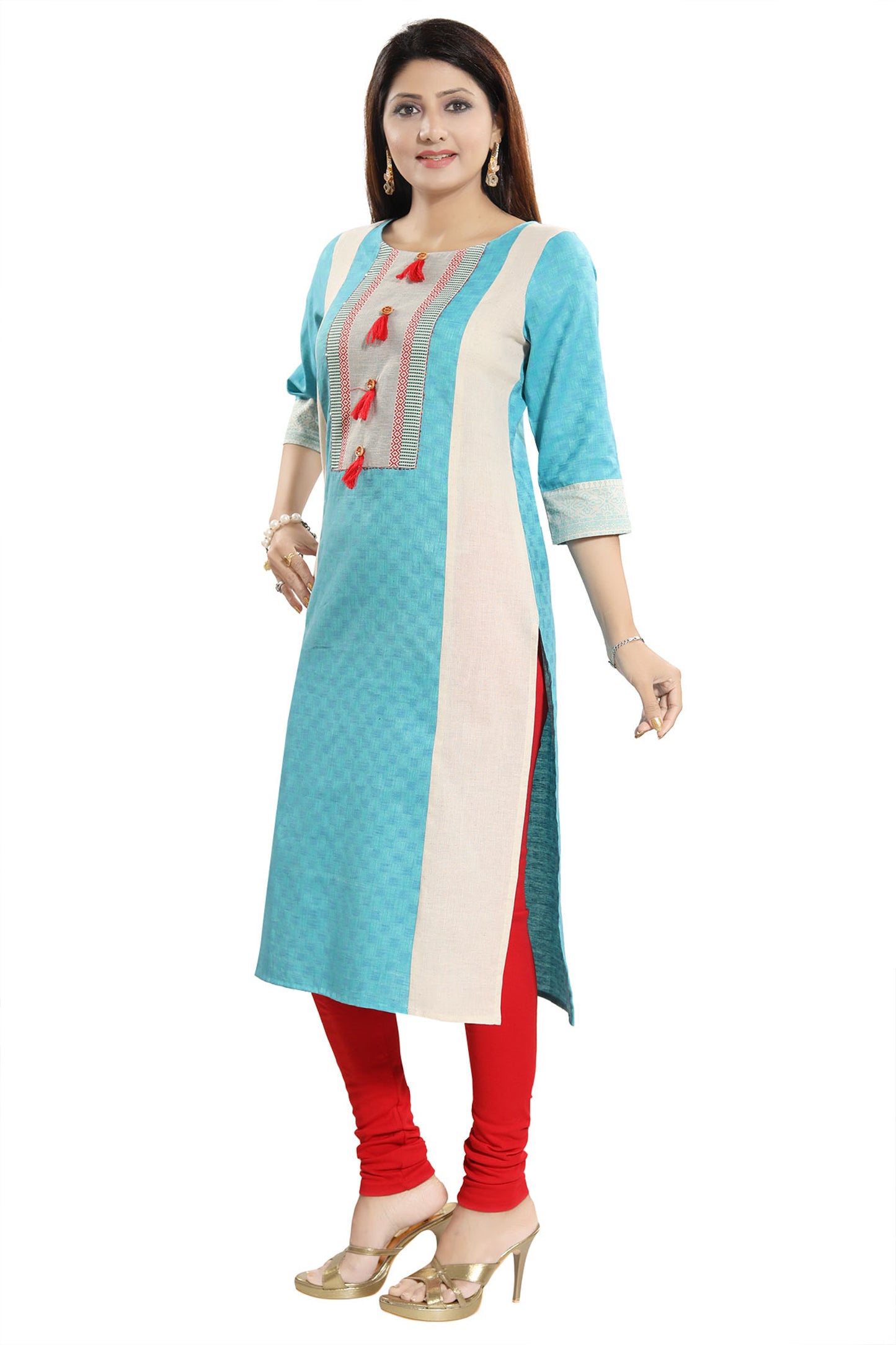 Tantalising T. Blue Textured Cotton Straight Tunic with Pom Pom Accessory