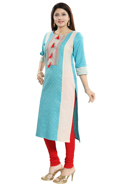 Tantalising T. Blue Textured Cotton Straight Tunic with Pom Pom Accessory