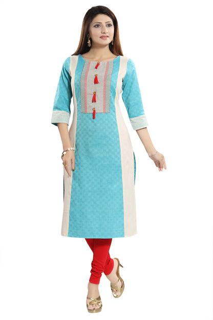 Tantalising T. Blue Textured Cotton Straight Tunic with Pom Pom Accessory