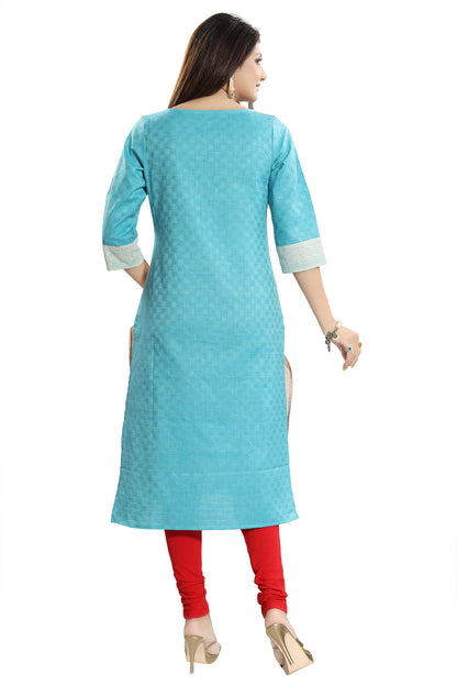Tantalising T. Blue Textured Cotton Straight Tunic with Pom Pom Accessory