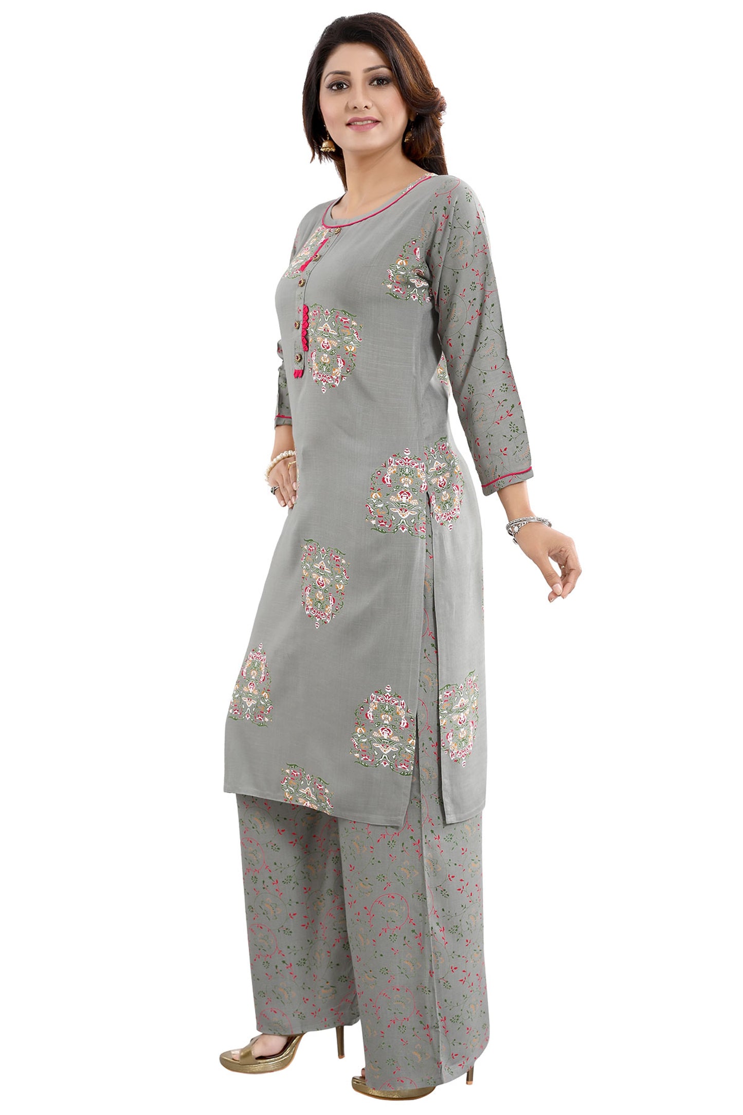 Pastel Dream Variyali Rayon Cotton Printed Kurta and Palazzo Set
