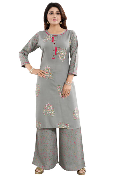 Pastel Dream Variyali Rayon Cotton Printed Kurta and Palazzo Set