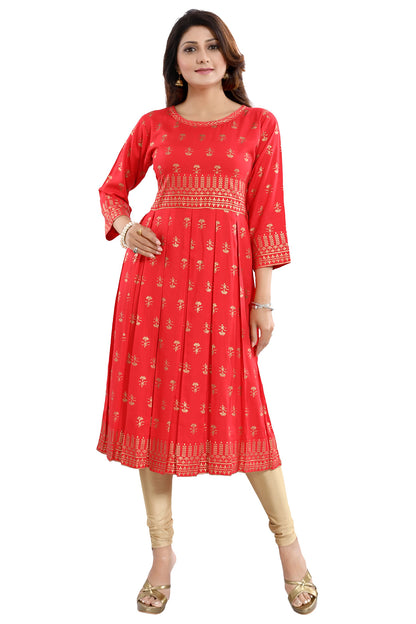 Flamboyant Red Rayon Printed Frock Style Tunic with Block Pleats