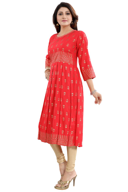 Flamboyant Red Rayon Printed Frock Style Tunic with Block Pleats