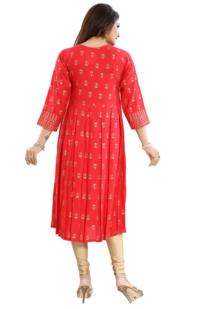 Flamboyant Red Rayon Printed Frock Style Tunic with Block Pleats