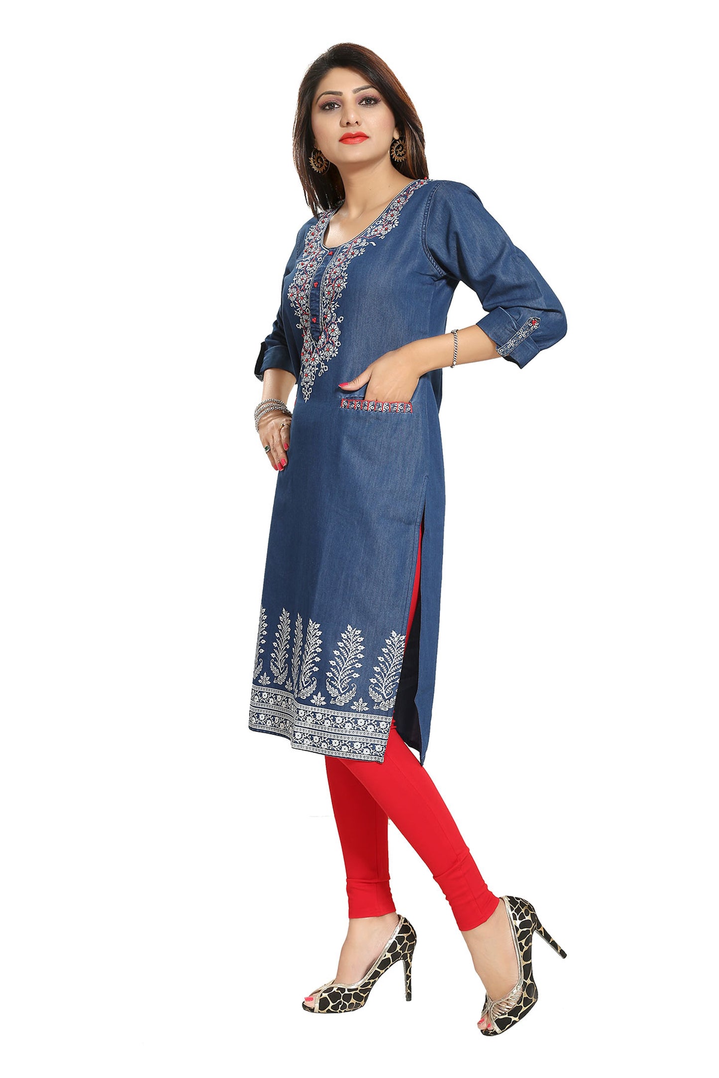 Denim Tunic with Pockets and Thread Work