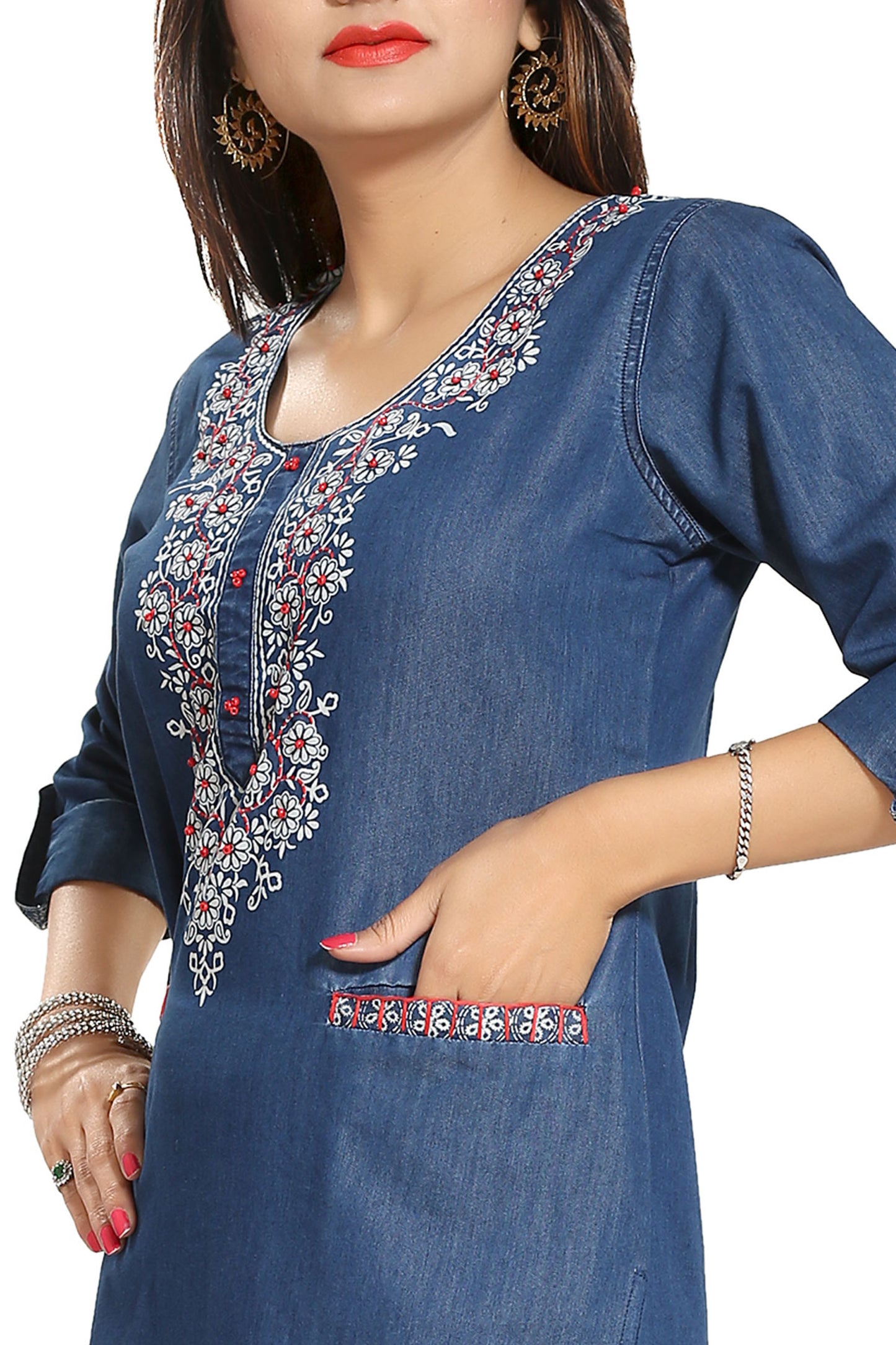 Denim Tunic with Pockets and Thread Work